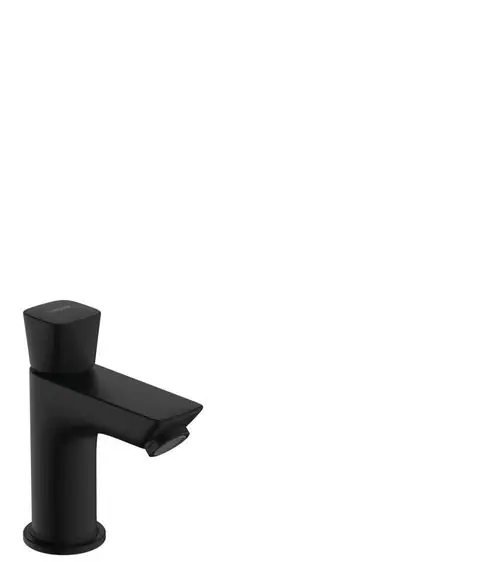 Schwarzes Standventil von Hansgrohe mit einem klaren, sanitärtechnischen Design, geeignet für Kaltwasser oder vorgemischtes Wasser, ohne Ablaufgarnitur.
